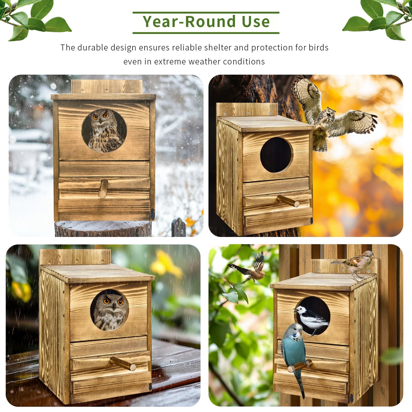 Bingopaw Outdoor Owl House Prebuilt Wooden Bird Box With Rectangular Opening