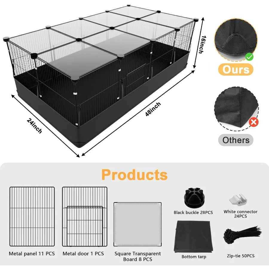 Guinea Pig Cage With Top Cover And 12 Panels Triple Fixing Small Animal Playpen Waterproof PVC Liner OneMotion Hooks