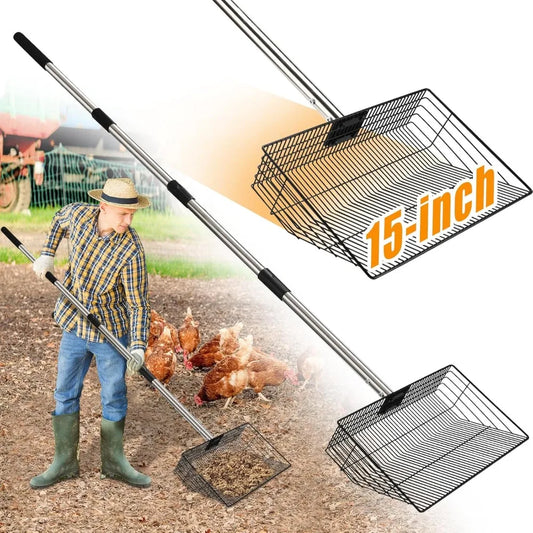 15inch Extra Large Chicken Poop Scooper, Heavy Duty Chicken Coop Scoop for Poop with 24 to 68" Stainless Steel Adjustable
