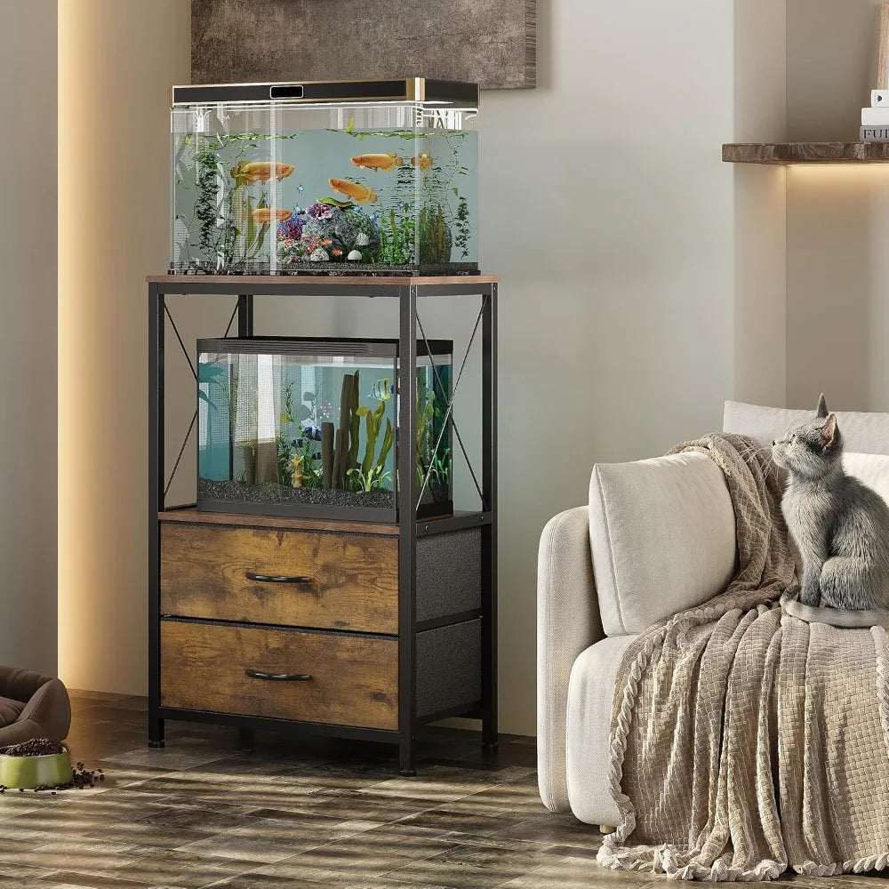 10 Gallon Aquarium Stand With 2 Tier Shelf And 2 Drawers Heavy Duty Metal Frame