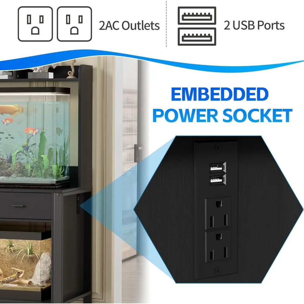 Large Reptile Terrarium Enclosure Stand With LED Lights And Power Outlet 120 Gallon Capacity 4x2x2 Modern Black