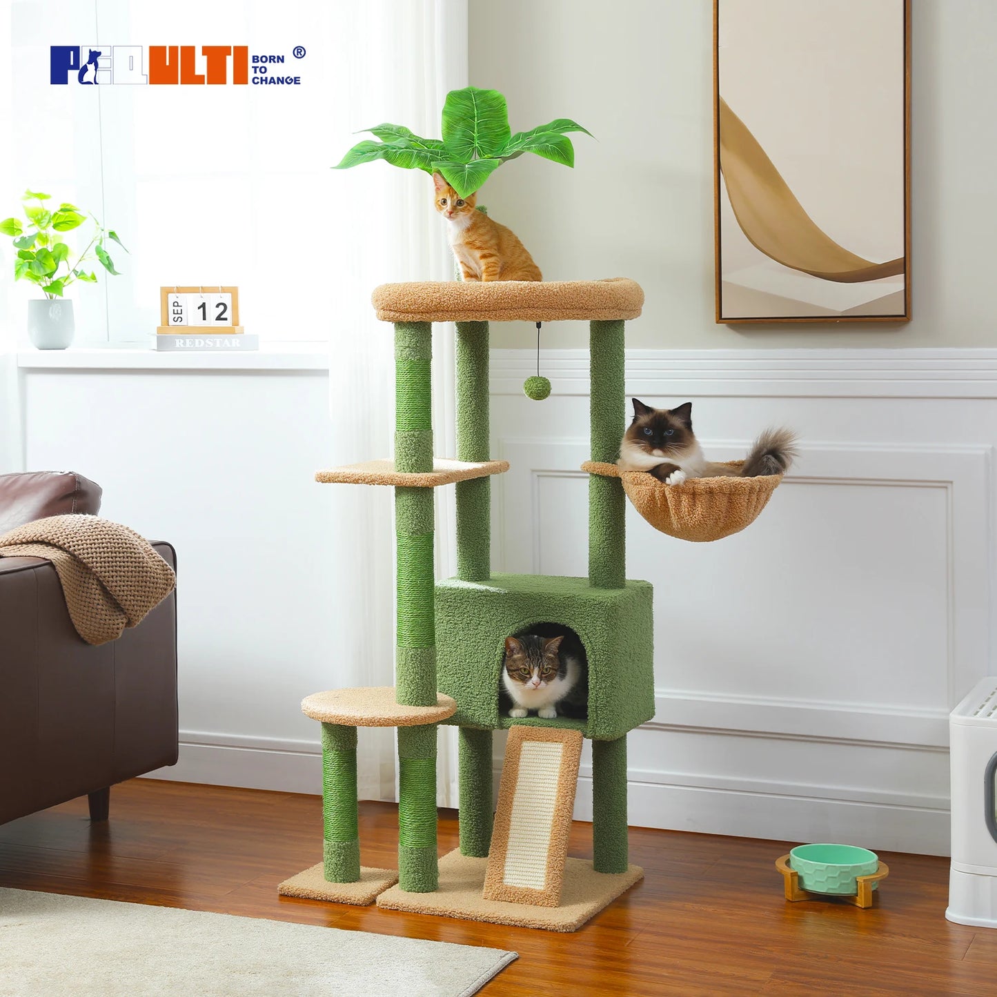 Multi Level Cat Tree for Indoor Cactus Cat Tower with Sisal Scratching Posts Large Condo and Deep Hammock Cat Accessories