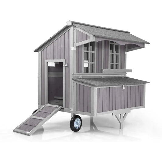 Durable Outdoor Chicken Coop with Large Wheels, 3 Nesting Box, and Leakproof Pull-On Tray - Movable Hen House