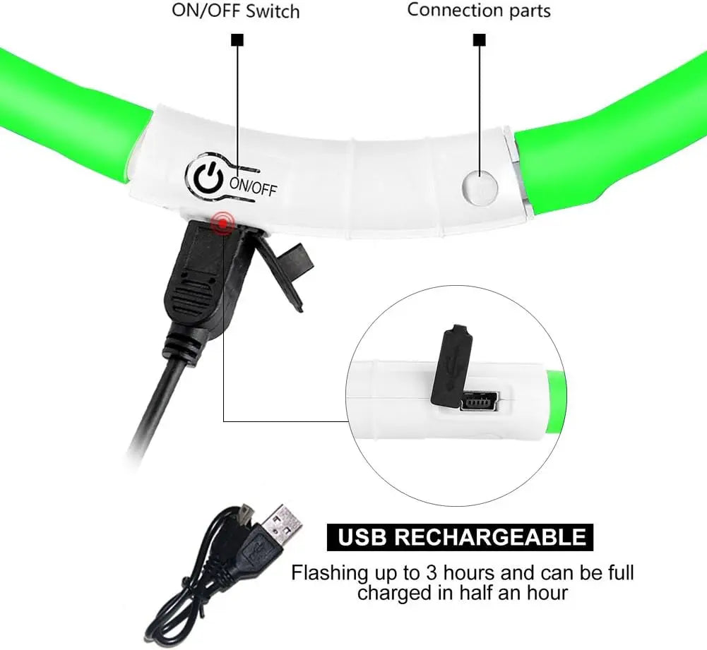 Silicone LED Dog Collar USB Rechargeable Flashing 3 Modes