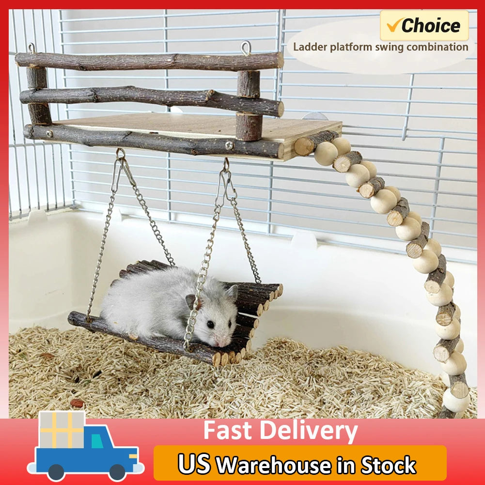 Hamster Climbing Toys Small Animals Pets Exercise Activity Set Natural Wooden Living Climb System With Ladder Swing