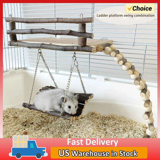 Hamster Climbing Toys Small Animals Pets Exercise Activity Set Natural Wooden Living Climb System With Ladder Swing