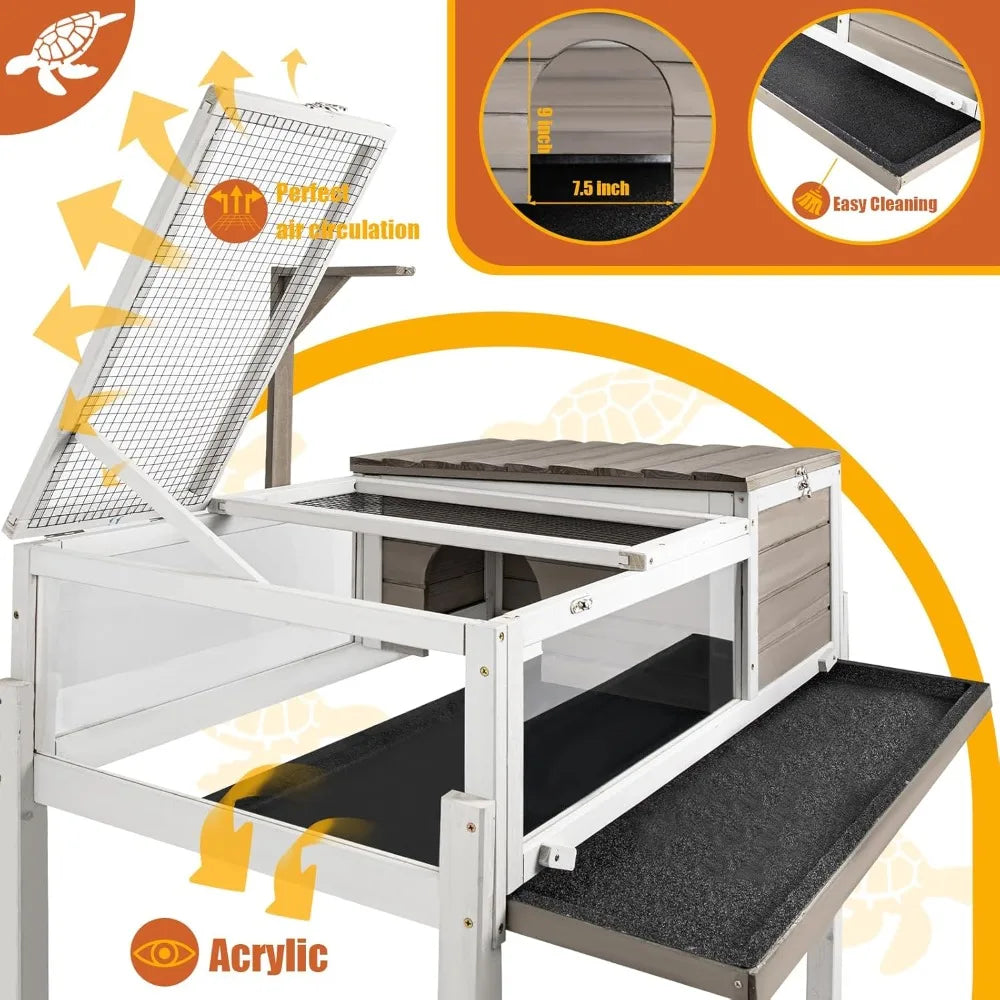 Large Wooden Tortoise Habitat Enclosure with No Leaking Tray Indoor and Outdoor Reptile Cage for Small Animals