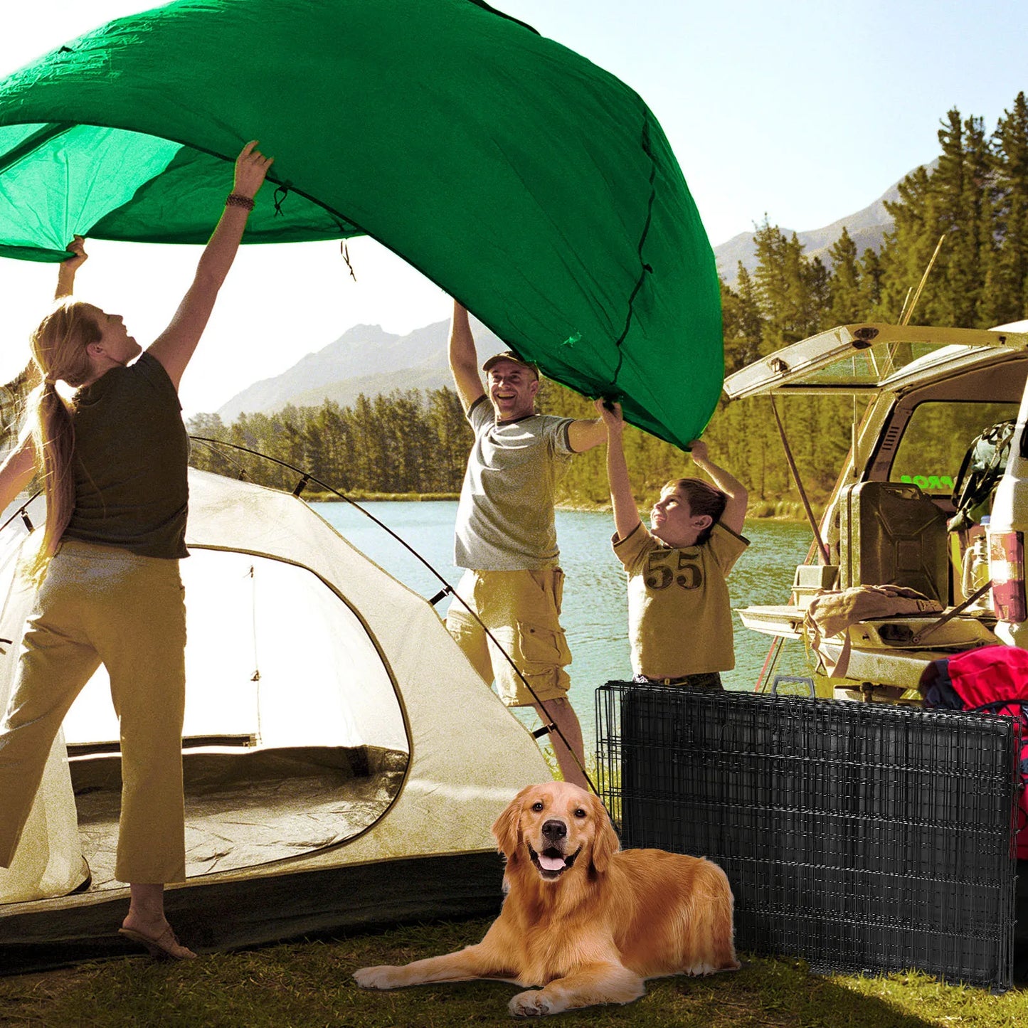 JHK Double Door Folding Metal Wire Dog Cage Extra Large Kennel