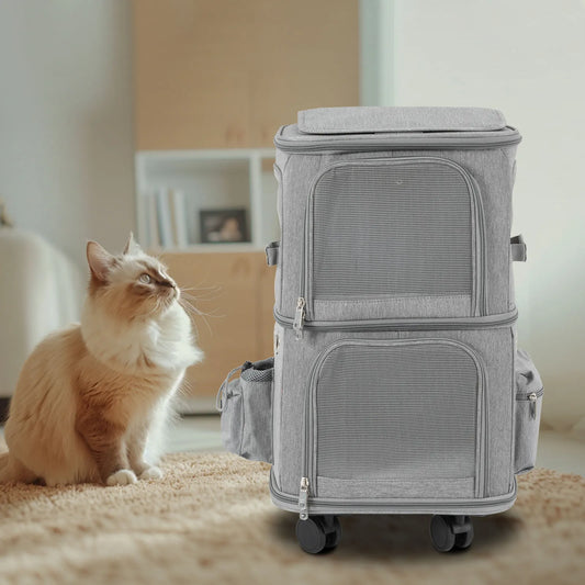 Cat Carrier Double Compartment Rolling Carrier With Wheels