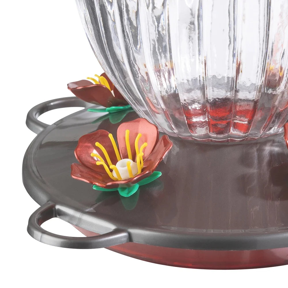 Glass Hummingbird Feeder with Ant Moat and Bee Resistant Flower Ports Easy to Clean and Fill 20oz Capacity for Outdoor Birdwatching