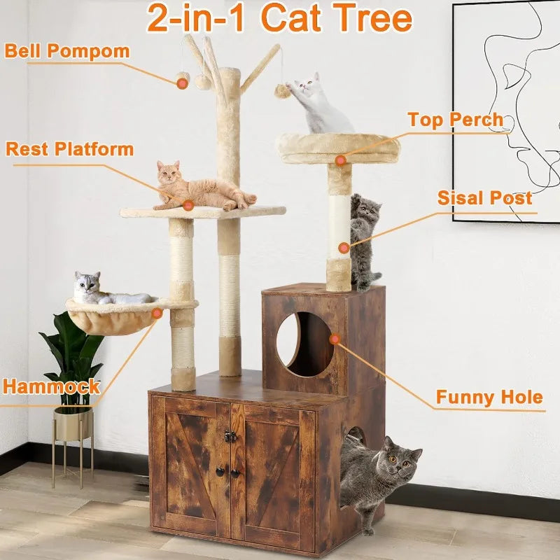 Litter Box Enclosure with Cat Tree and Wooden Furniture