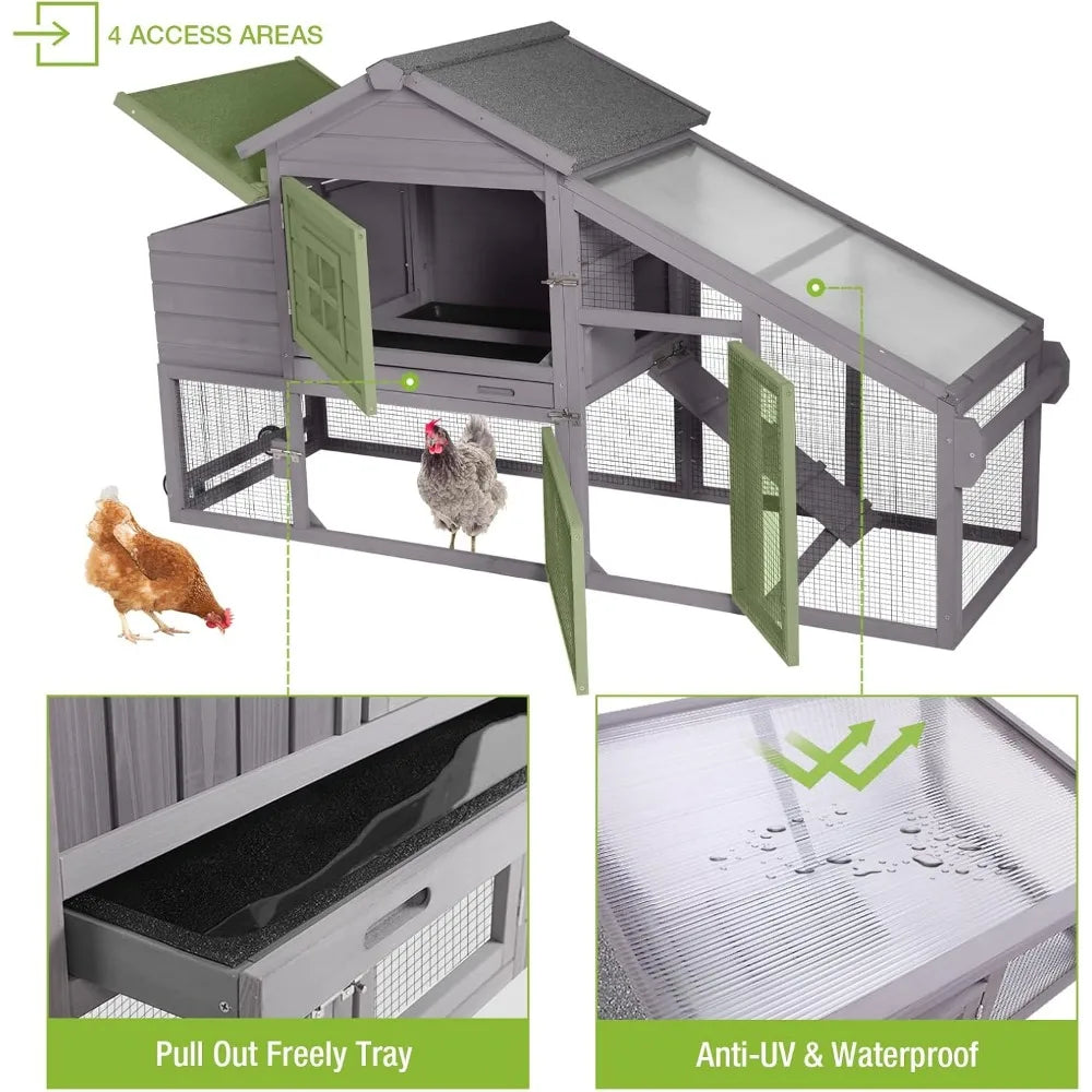 Mobile Wooden Chicken Coop with Run and Nesting Box Movable Poultry Cage for Outdoor Use