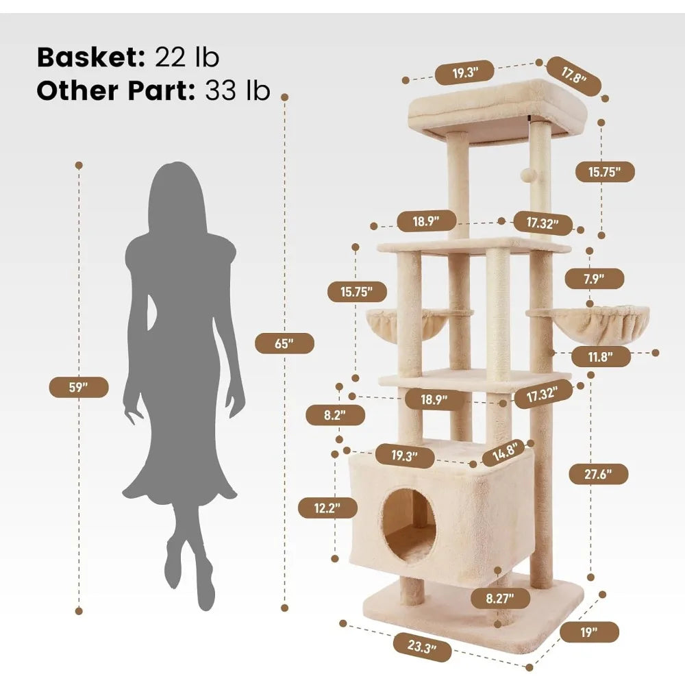 65 Inch Heavy Duty Cat Tree Tower for Large Cats Multi Level Cat Furniture with Replaceable Sisal Scratching Post