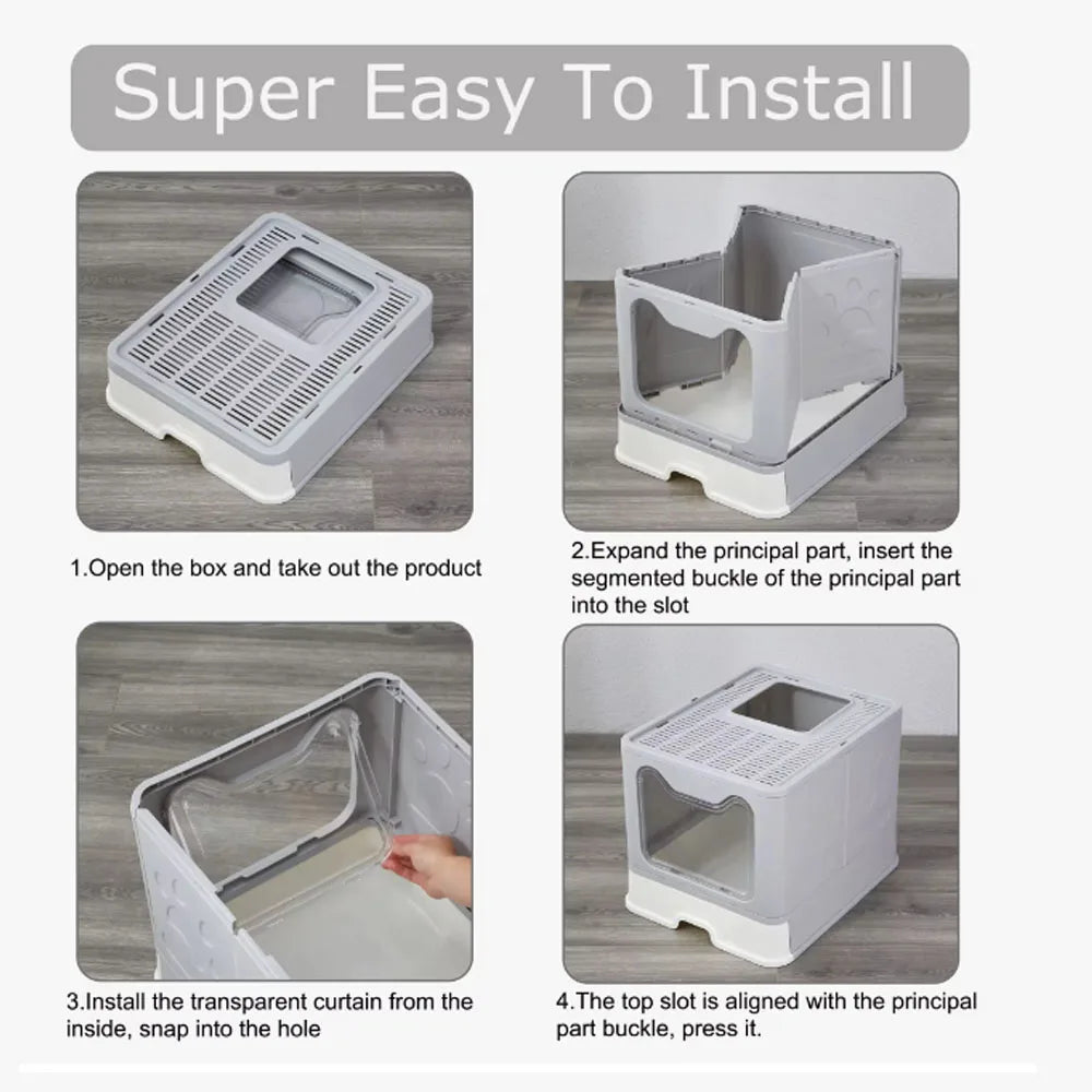 Convenient Foldable Litter Box Drawer Design with Scooper for Easy Cat Waste Management