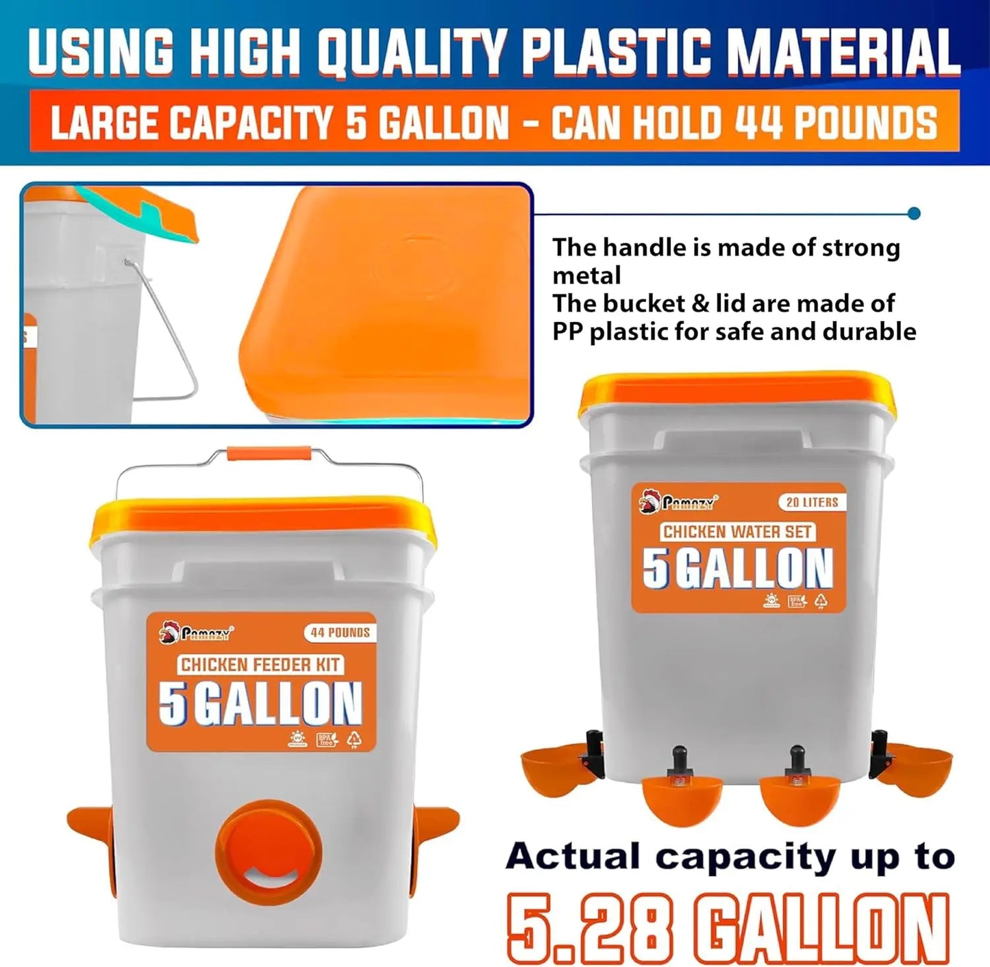5 Gallon Automatic Chicken Feeder and Waterer Set with No Waste Design Rain Proof Buckets