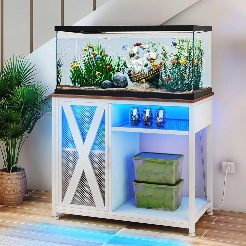 40 To 50 Gallon Aquarium Stand With Power Outlets And Cabinet Storage LED Light