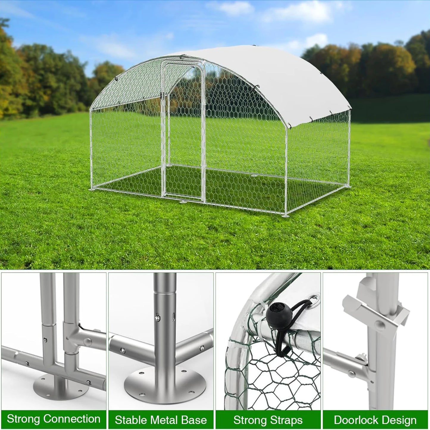 Large Metal Chicken Coop Walk-in Poultry Cage for Outdoor Waterproof UV-Resistant Cover Lockable Door Large Chicken Run for Farm