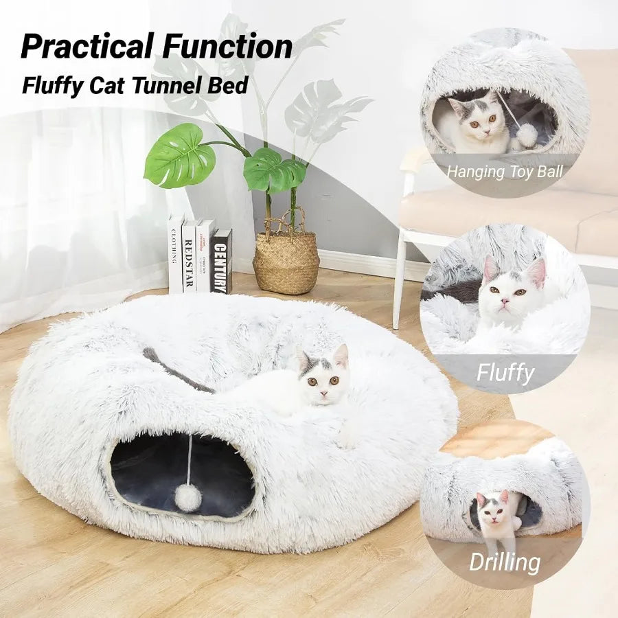 Warm Fluffy Plush Cat Dog Tunnel Bed 3 Ft Diameter Crinkle Collapsible