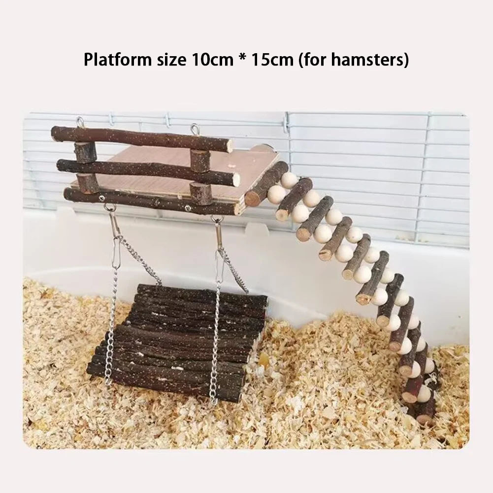 Hamster Climbing Toys Small Animals Pets Exercise Activity Set Natural Wooden Living Climb System With Ladder Swing