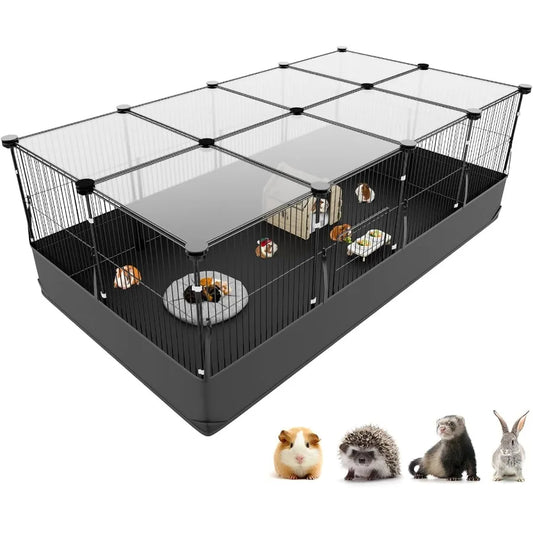 Guinea Pig Cage With Top Cover And 12 Panels Triple Fixing Small Animal Playpen Waterproof PVC Liner OneMotion Hooks