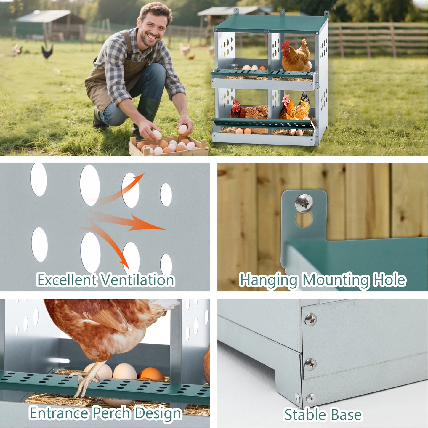 4 Compartment Chicken Nesting Boxes, Metal Nesting Boxes Wall Mount Chicken Egg Laying Box for Different Chicken Breeds