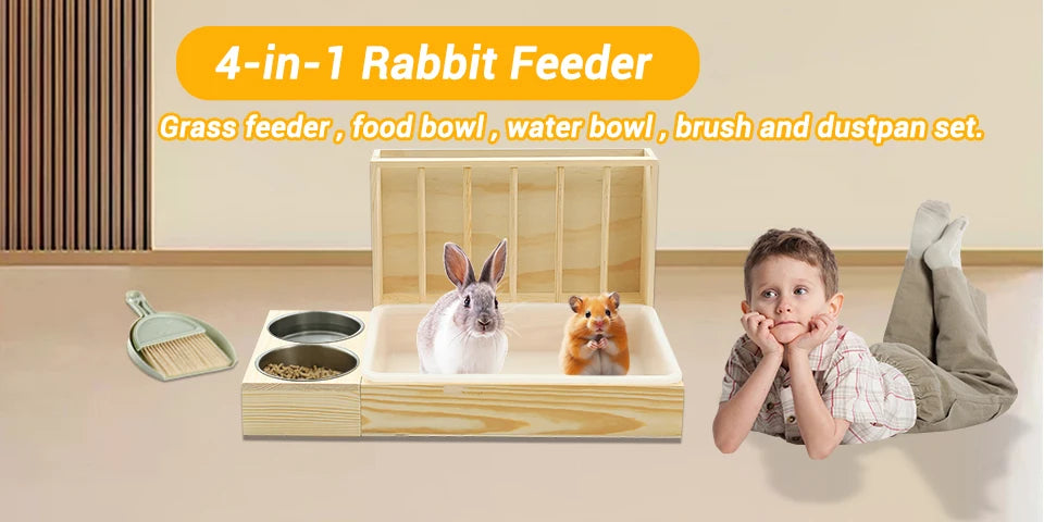 4-in-1 Rabbit Hay Feeder with Litter Box Wooden Toilet Combo Easy Clean 2 Bowls Included