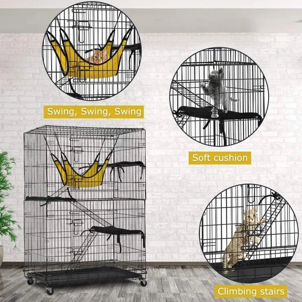 4 Tier 48 Inches Cat Cage Crate Kennel Playpen with Free Hammock 3 Cat Beds 2 Front Doors and 3 Ramp Ladders