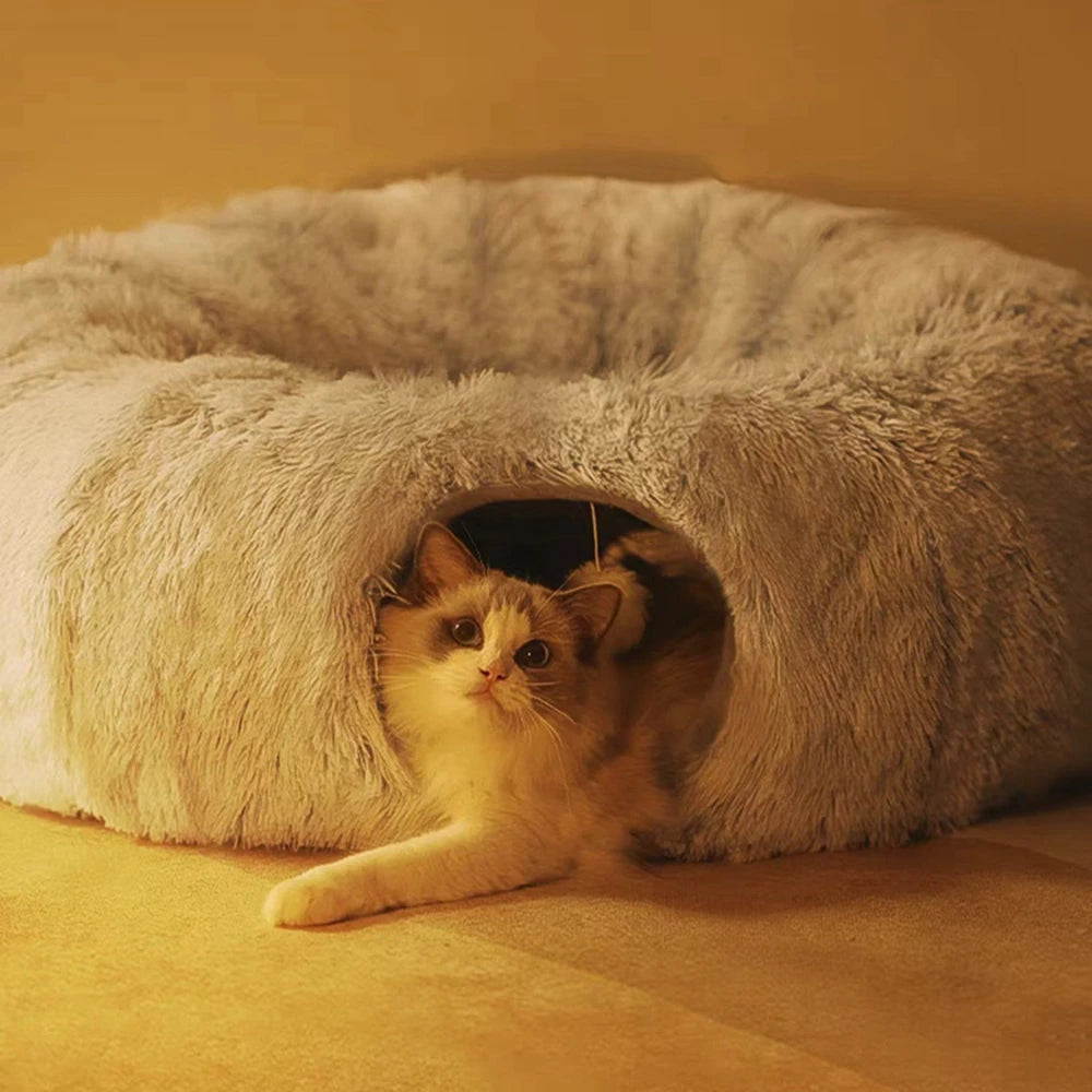 Cat Tunnel Bed with Mat Big Tube Playground Toy Soft Plush Material Non Slip for Kitten Cat Puppy Playing 84cm