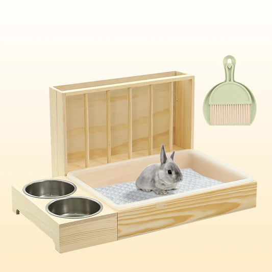 4-in-1 Rabbit Hay Feeder with Litter Box Wooden Toilet Combo Easy Clean 2 Bowls Included