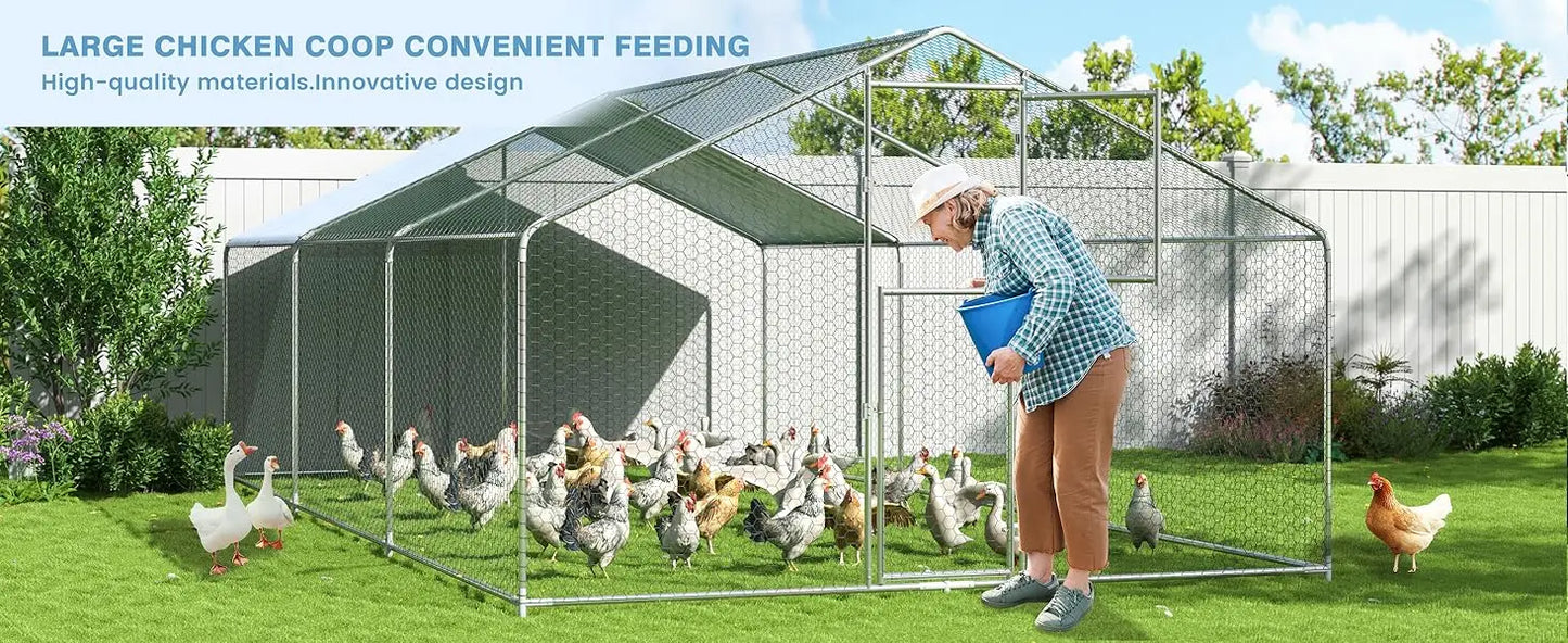 Metal Chicken Coop Large Outdoor Pen Walk-in Run for 6-20 with Double Door House