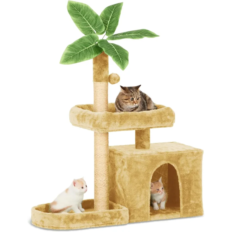 31.5" Cat Tree Tower for Indoor with Green Leaves Design