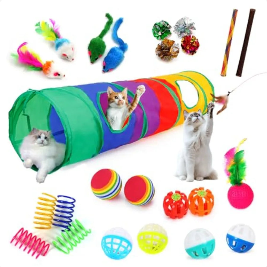 25 Piece Cat Toys Kit Rainbow Tunnel Interactive Bundle For Indoor Cats Playtime