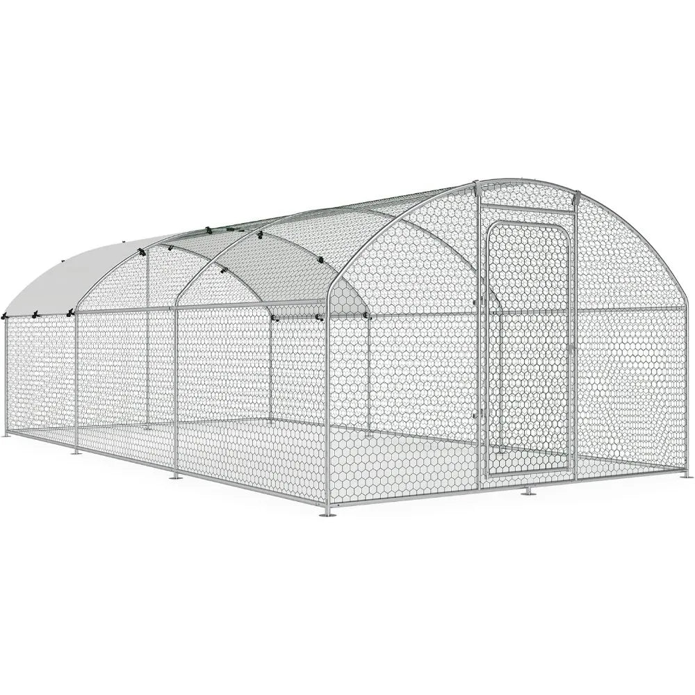 Large Metal Chicken Coop with Waterproof Cover for Outdoor Walk-In Poultry Cage and Run for Hens Rabbits and Ducks