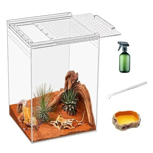 Reptile Terrarium Kit 8x8x12 Magnetic Acrylic Enclosure for Snakes Tarantulas Hermit Crabs Geckos Scorpions and Jumping Spiders
