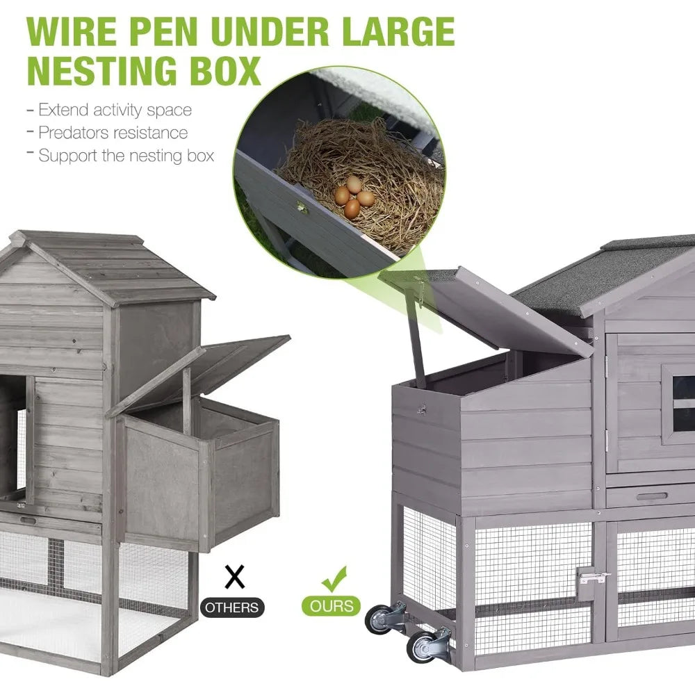 Mobile Wooden Chicken Coop with Run and Nesting Box Movable Poultry Cage for Outdoor Use