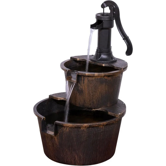 Outdoor Floor Rustic 2-Tiered Barrel and Pump Water Fountain, Old-Fashioned Fountain, 27", Bronze