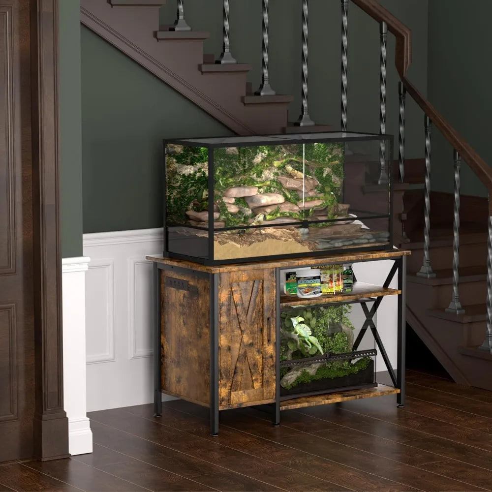40-120 Gallon Reptile Tank Stand with Power Outlet Rustic Brown Terrarium Stand with Storage Cabinet 48 Inch X 24 Inch Tabletop