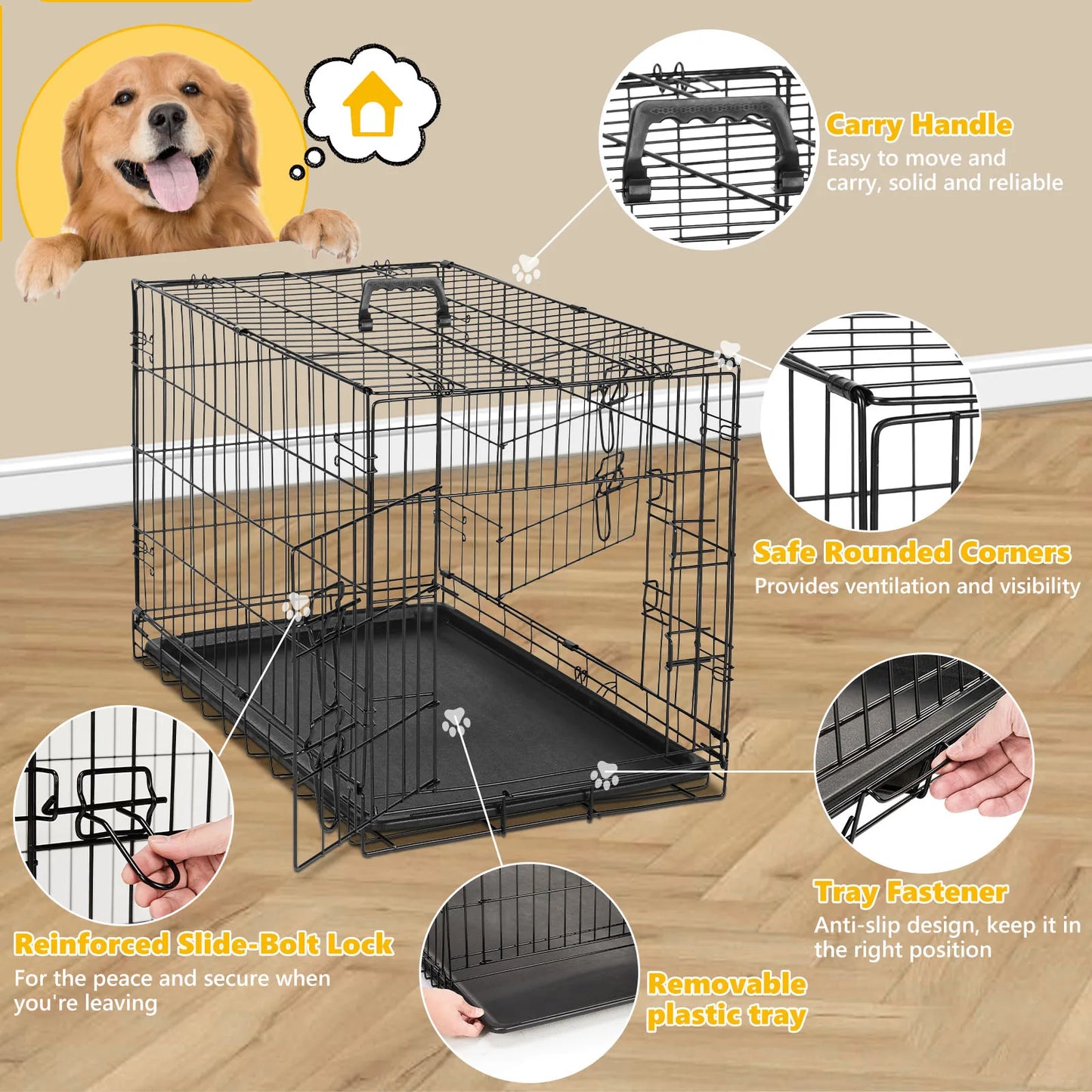 JHK Double Door Folding Metal Wire Dog Cage Extra Large Kennel
