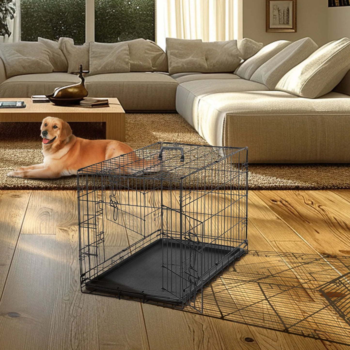 JHK Double Door Folding Metal Wire Dog Cage Extra Large Kennel